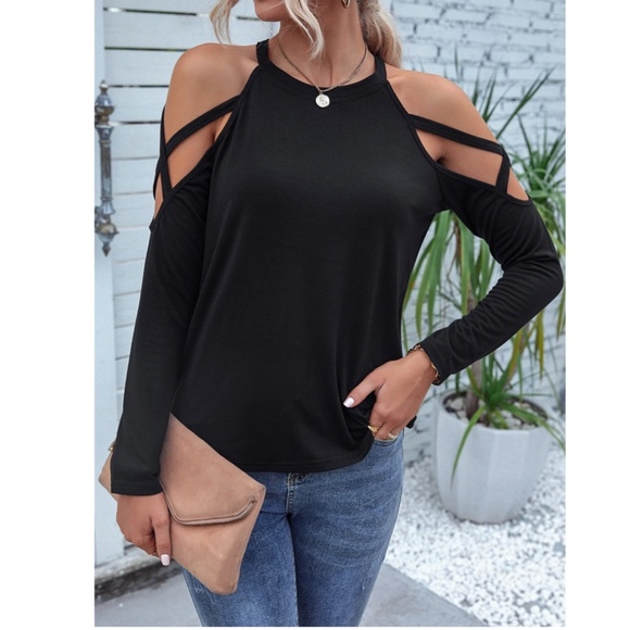 Strappy Cold Shoulder Black Long Sleeve Tee Shirt - Picture 7 of 10